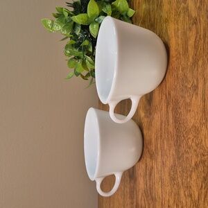 PYREX Vintage Mid Century Modern White Milk Glass Wide Rim Coffee Cups, Set of 2